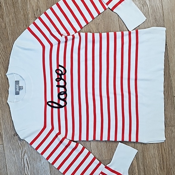 Marled Reunited Lightweight Knit Red White Stripe "Love" Pullover Sweater - Picture 1 of 16